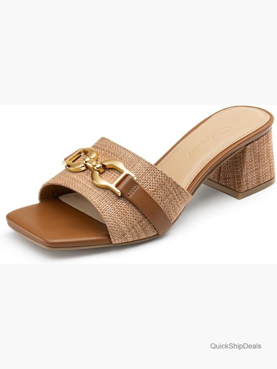 Shoes - Raffia Heeled Sandals Square Open Toe Slip On Mules Chunky Block Heels